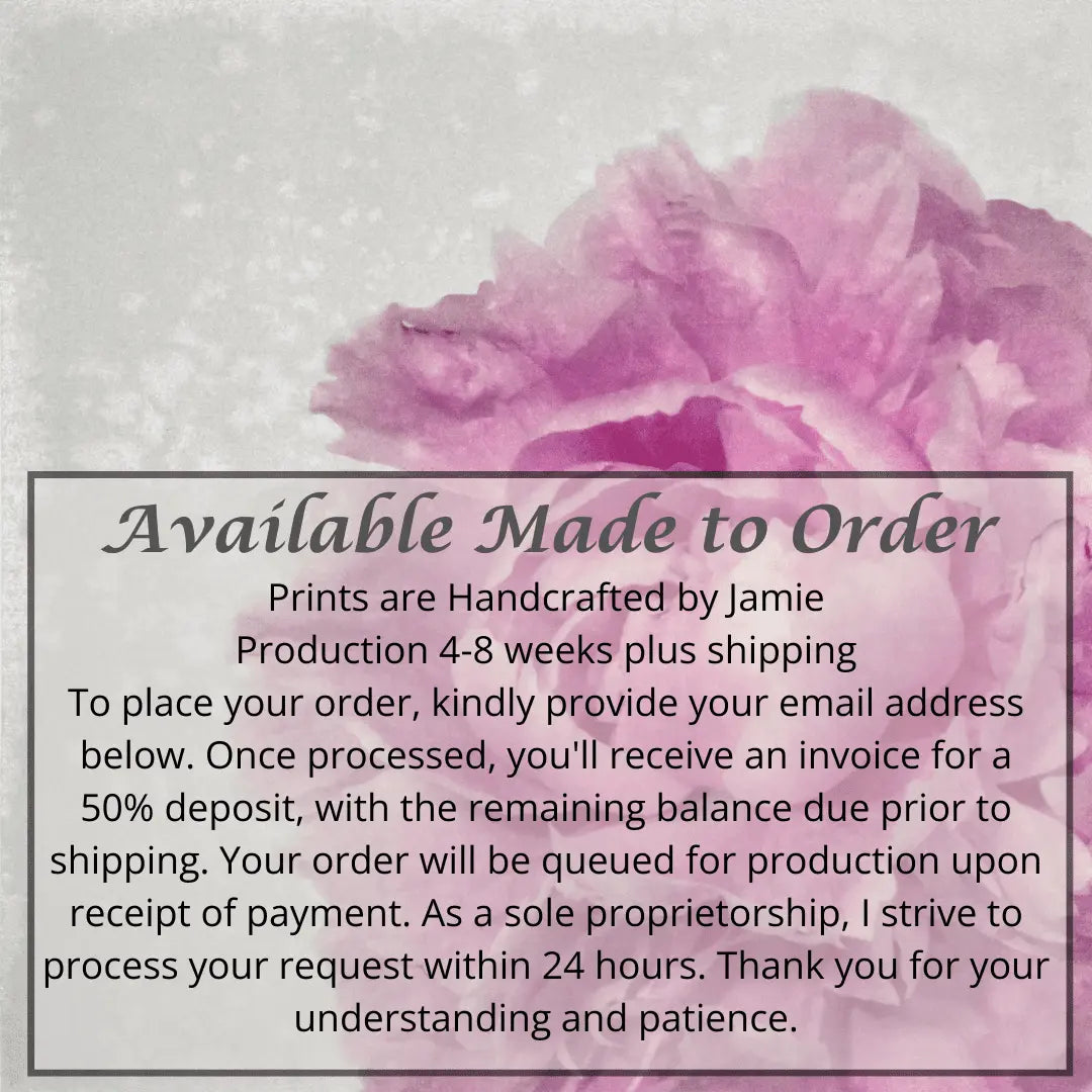Print of Pink Peony for sale handcrafted from a photograph of a flower with delicate pink petals with silvery edges offset to right Square mode, grey background, wall art