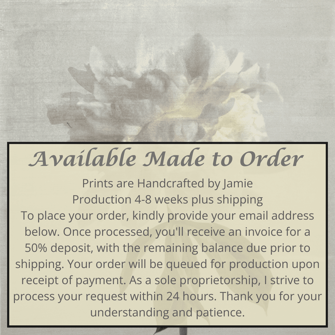 Flower Photograph White Peony Side view full billowy bloom with yellow center, stem and leaves visible pearl tinted, square