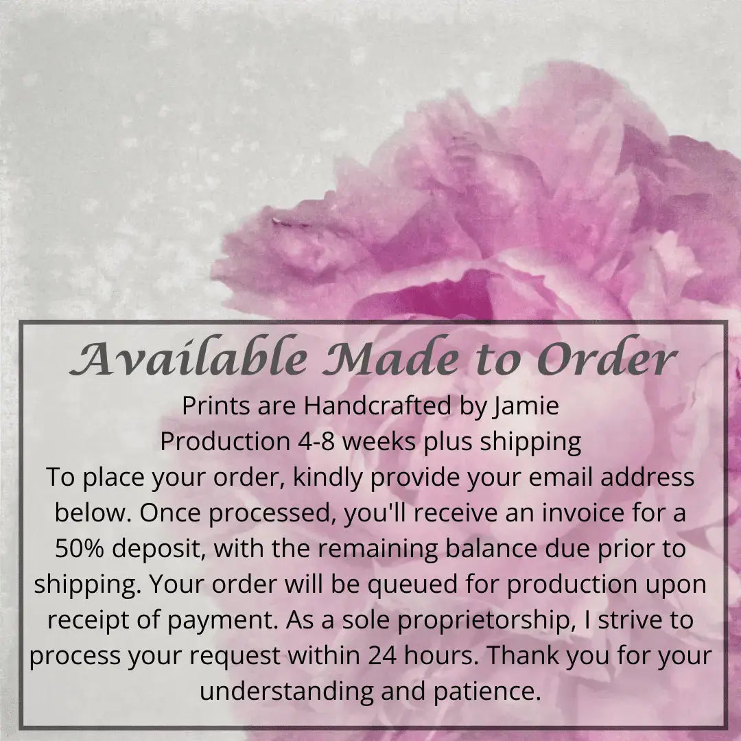 Print of Pink Peony handcrafted from a photograph of a flower with delicate pink petals with silvery edges offset to right  Square mode, grey background