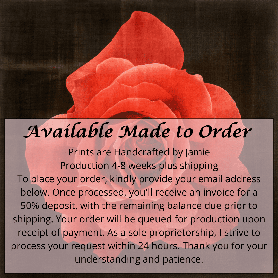 Red Rose emulsion lift print with gold and pearl iridescence on cotton paper showcasing vibrant crimson floral art