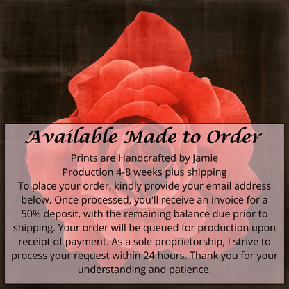 Red Rose emulsion lift print with gold and pearl iridescence on cotton paper showcasing vibrant crimson floral art
