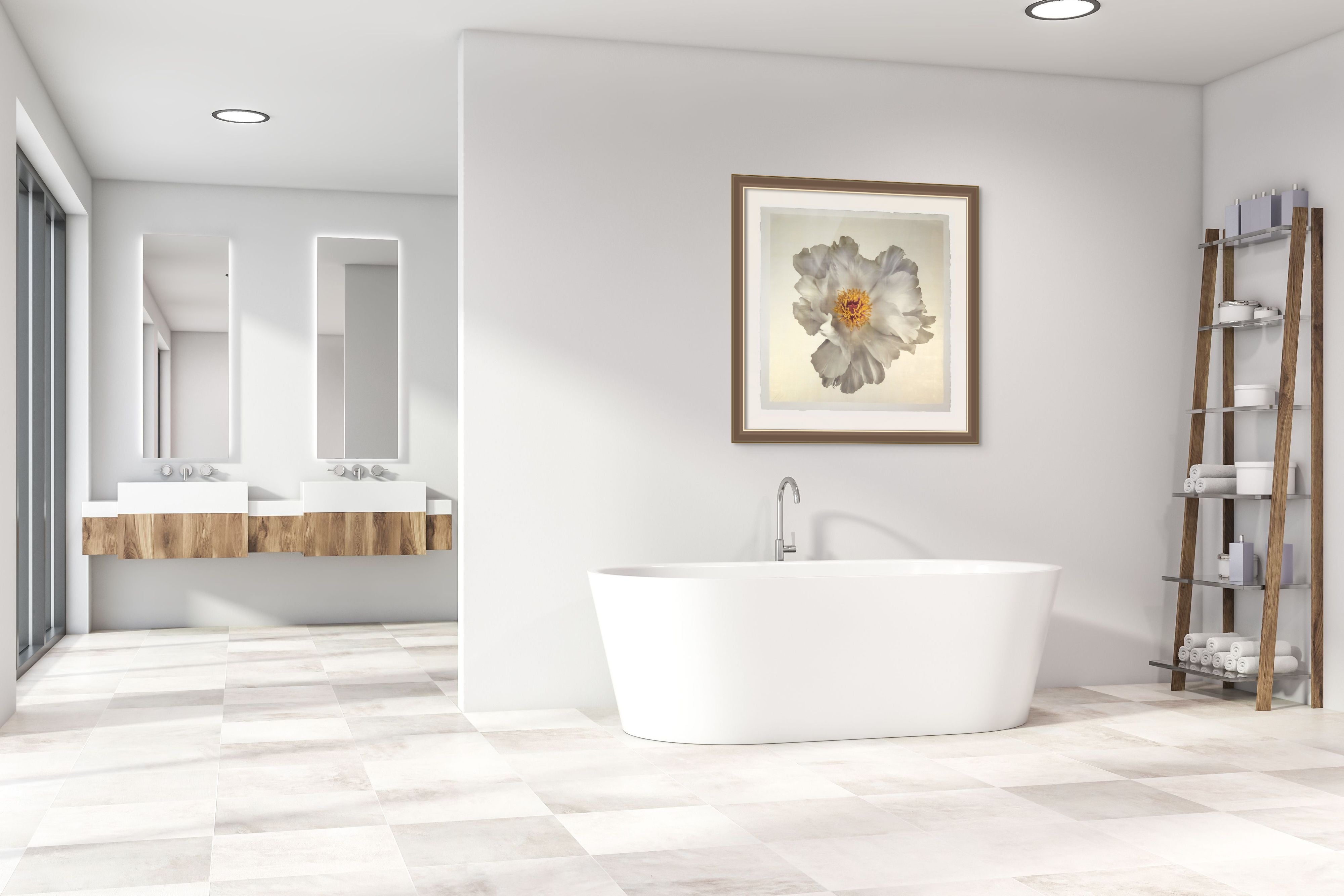 Modern bathroom highlighting fine art original white peony art by Jamie Buzil Photography