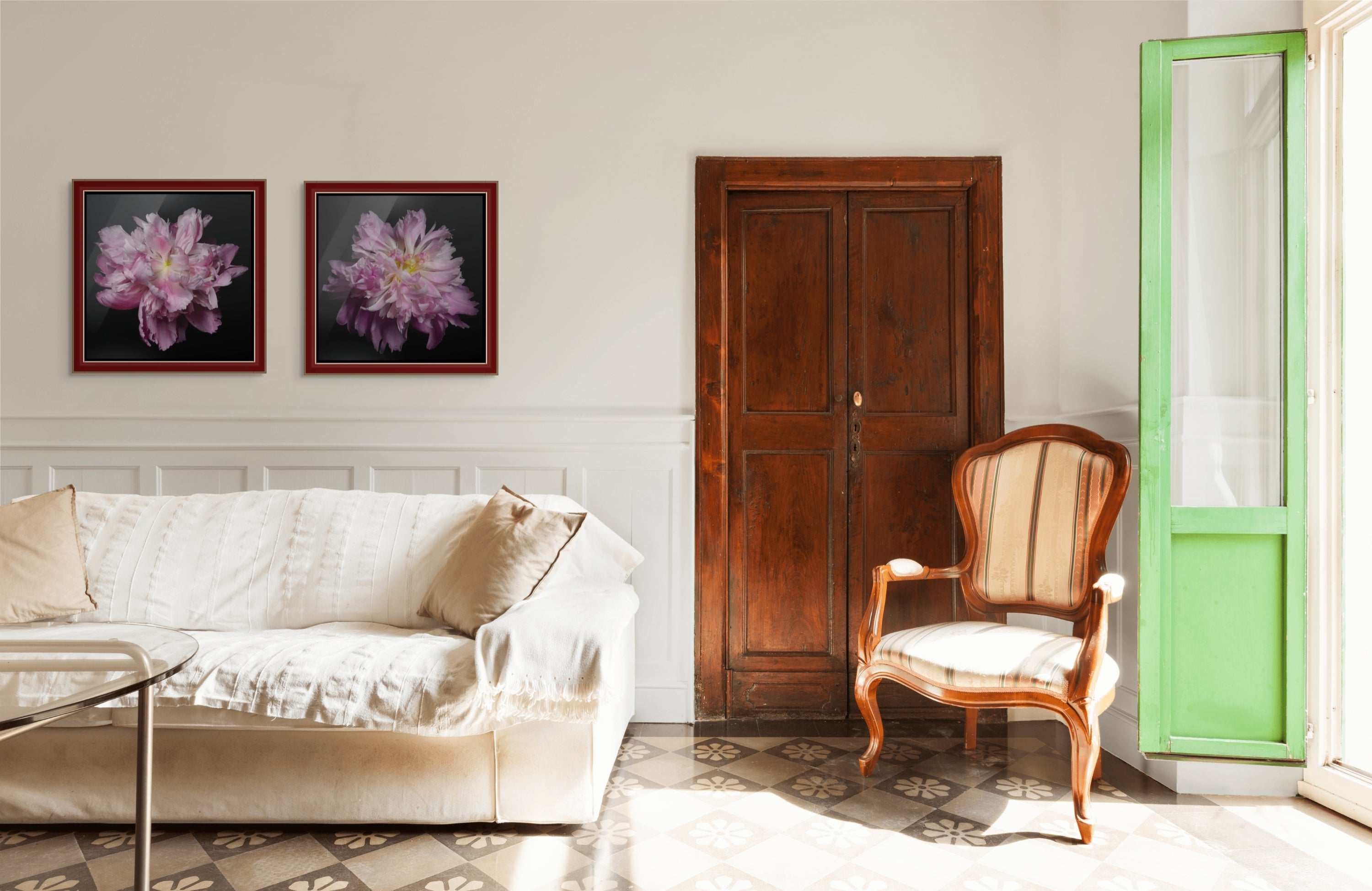 Floral photo print featuring a pink peony with layered petals, shown in a dark frame; Pink Peony artwork in a pair.