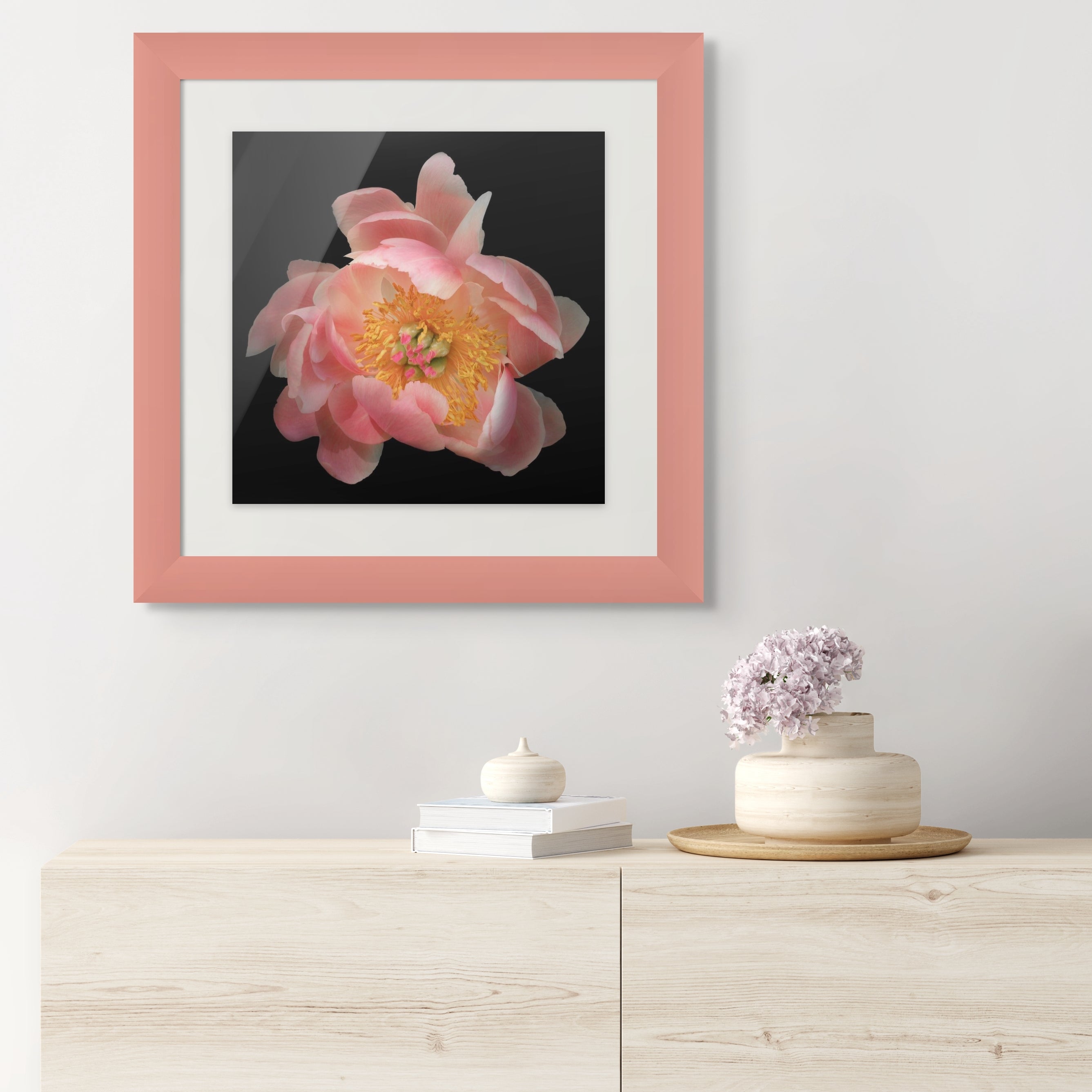 Framed flower pink peony hanging over a dressor